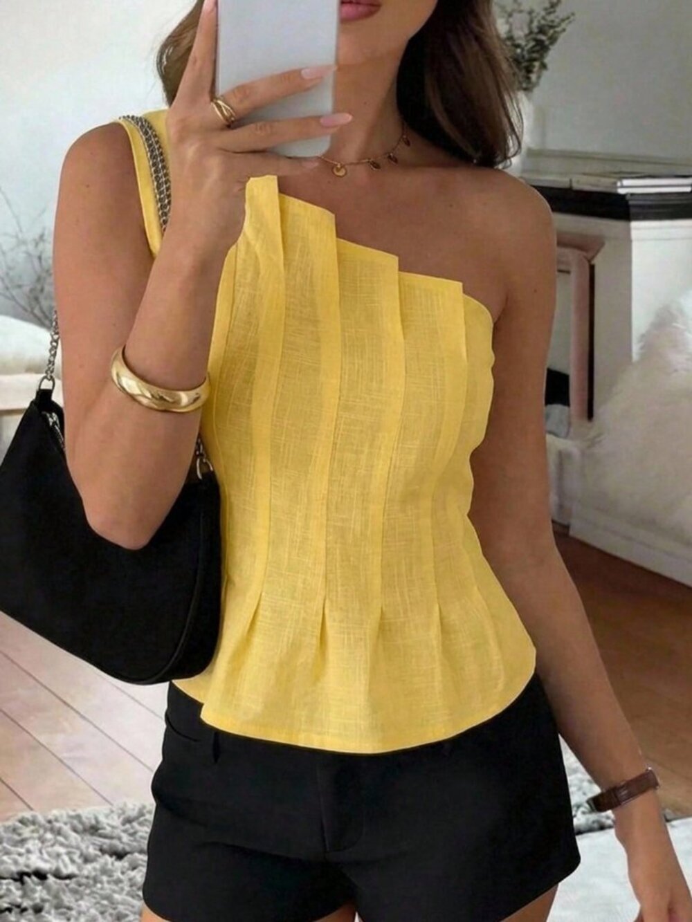 Yellow Casual Women's Pleated Sleeveless Top